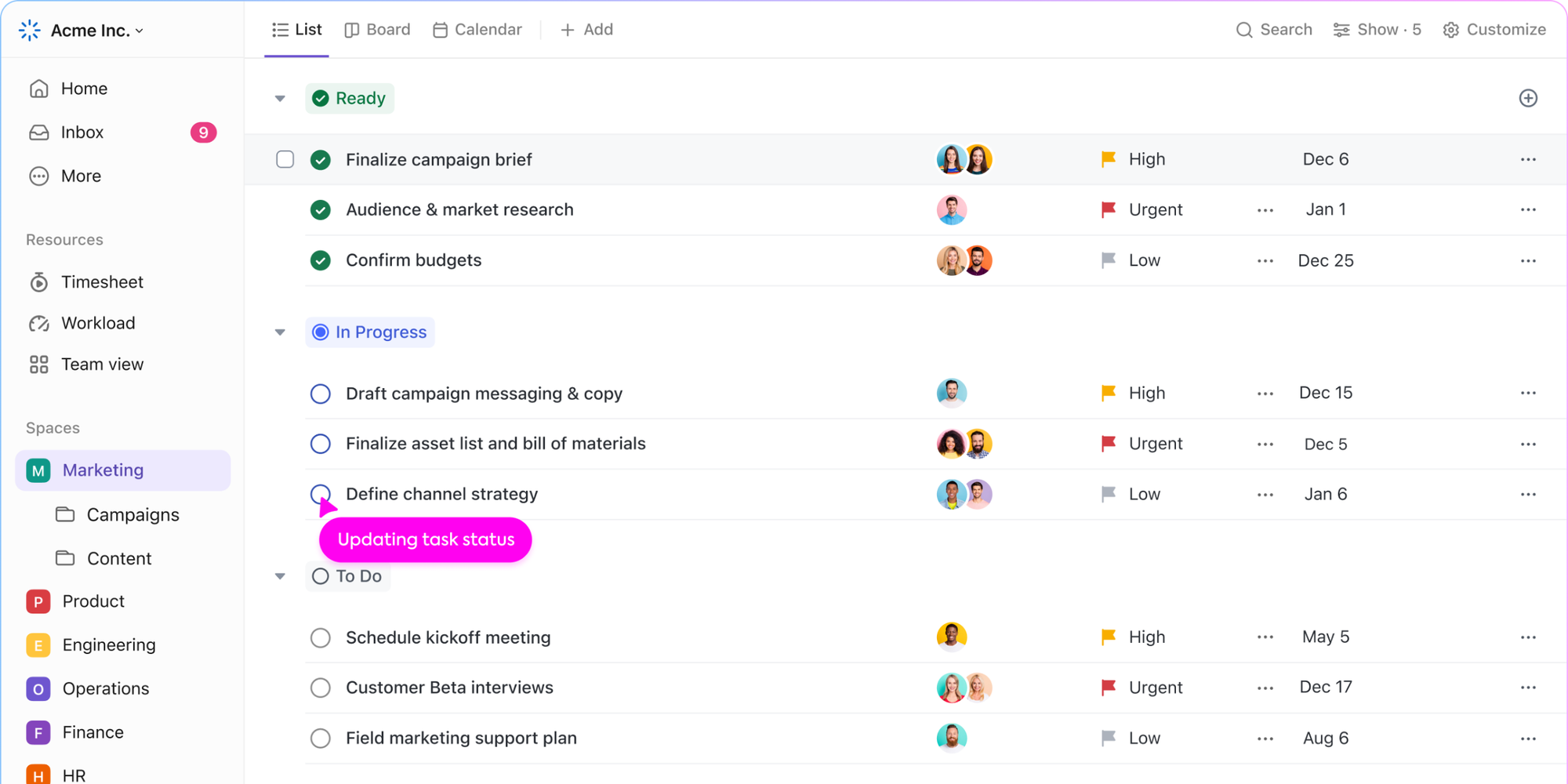 ClickUp list view with marketing tasks, assignees and priorities—time management tools for work to save time.